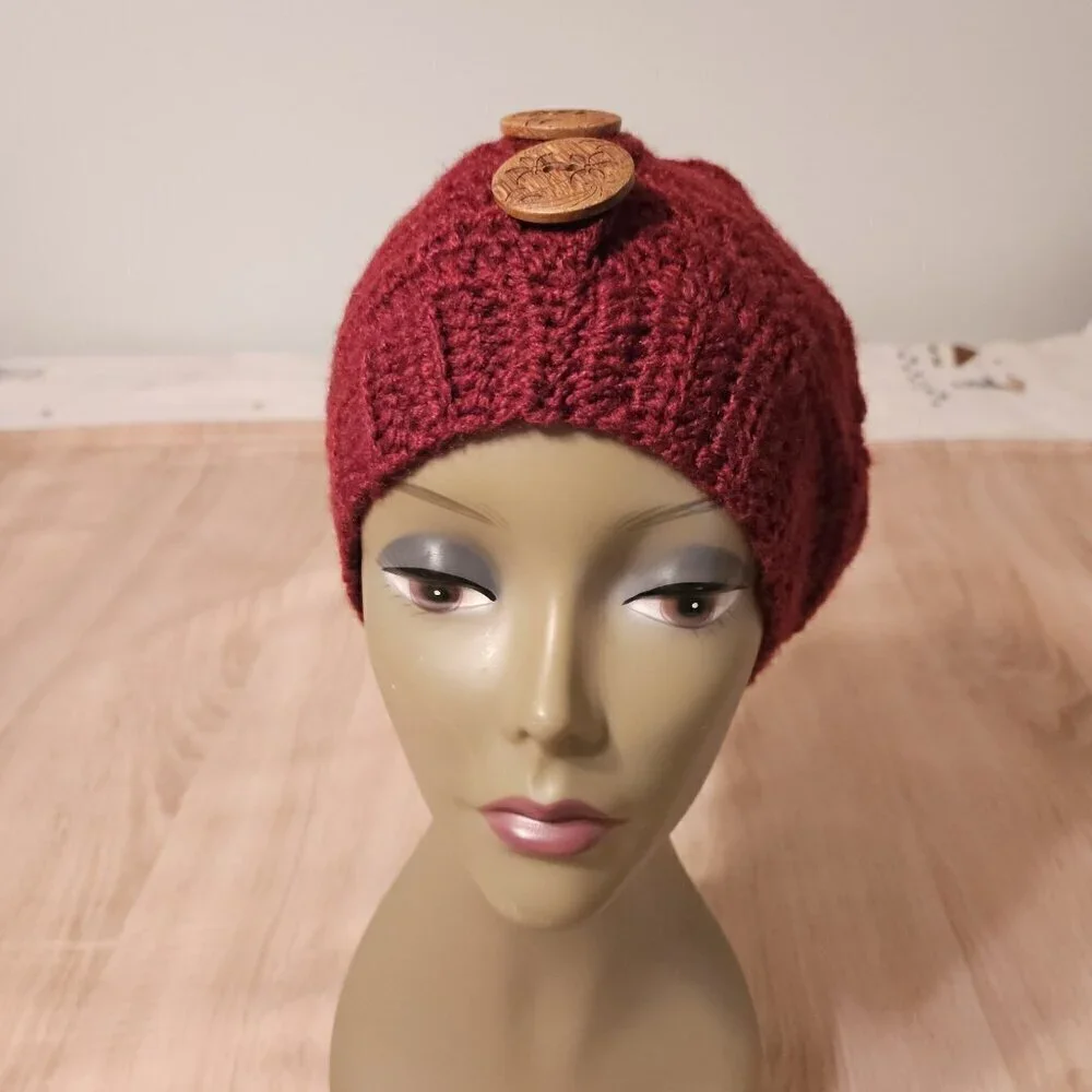 Hand-Made - Knitted Winter Beanie Three Button Knit Hat - One-Size - Red Warm!